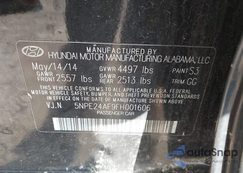 2015 Hyundai Sonata Se from USA, damaged, VIN 5NPE24AF9FH001606